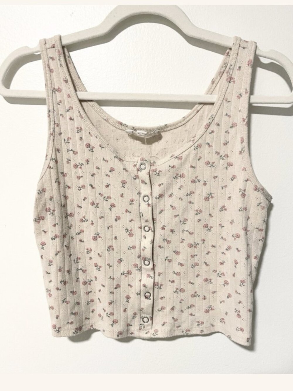 Ribbed Floral Tank Top Cream with Pink Flowers Boho Romantic Feminine Festival